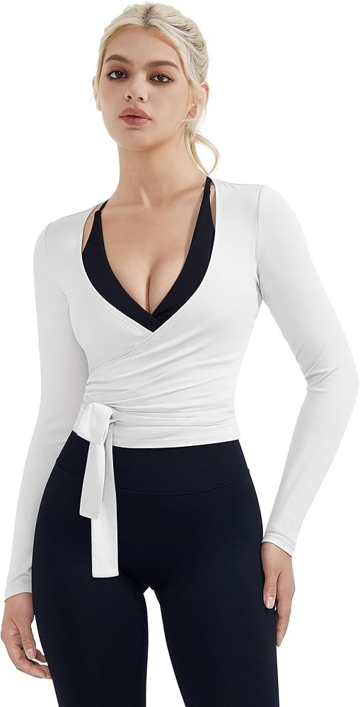 SUUKSESS Women Pilates Wrap Workout Cropped Top Ribbed Long Sleeve V Neck Tie Front Ballet Yoga S... | Amazon (US)
