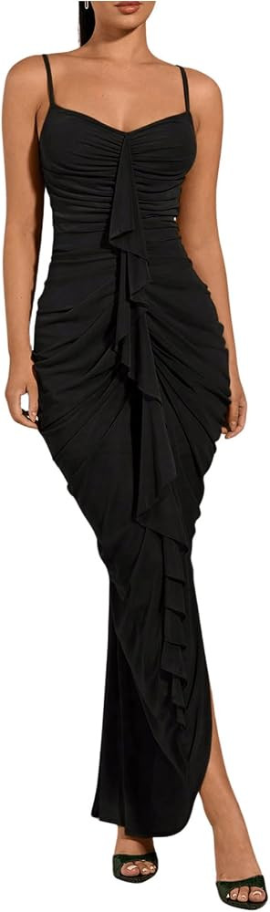 Floerns Women's Ruffle Ruched Cami Dress Draped Split Elegant Bodycon Maxi Dresses | Amazon (US)