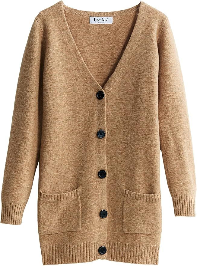 Amazon.com: LINY XIN Women's Long Cardigan Sweater V-Neck 100% Merino Wool Fall Winter Warm Soft ... | Amazon (US)
