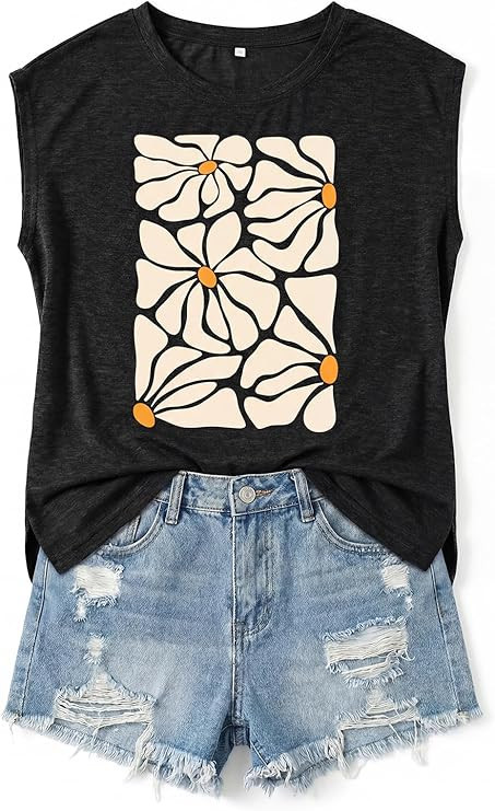 Graphic Tees for Women Summer Boho Print Vintage Tunic Top Crewneck Cap Sleeve Side Split Tops Fl... | Amazon (US)