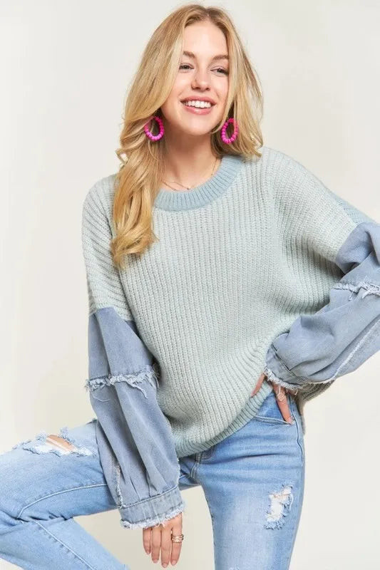 Plus Size Frayed Denim Sleeve Sweater Top BLUE / 2XL | Casual Chic Boutique
