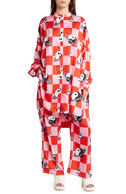 Dressed in Lala Oversize Button-Up Satin Shirt & High Waist Pants Set in Cosmic Cowgirl at Nordstrom, Size Large | Nordstrom