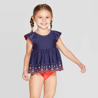 Toddler Girls' Short Sleeve Eyelet Rash Guard Set - Cat & Jack™ Navy | Target