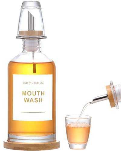 BONLONG 11.8OZ Glass Mouthwash Dispenser for Bathroom with Stainless Steel & Bamboo Nozzle, Mouthwash Cup Reusable, Bamboo Tray, and Elegant Gold Sticker.（Clear | Amazon (US)