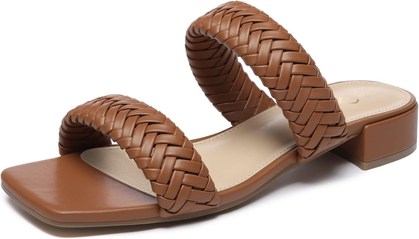 Athlefit Women's Braided Low Block Heel Sandals Square Open Toe Slip On Woven Slides | Amazon (US)