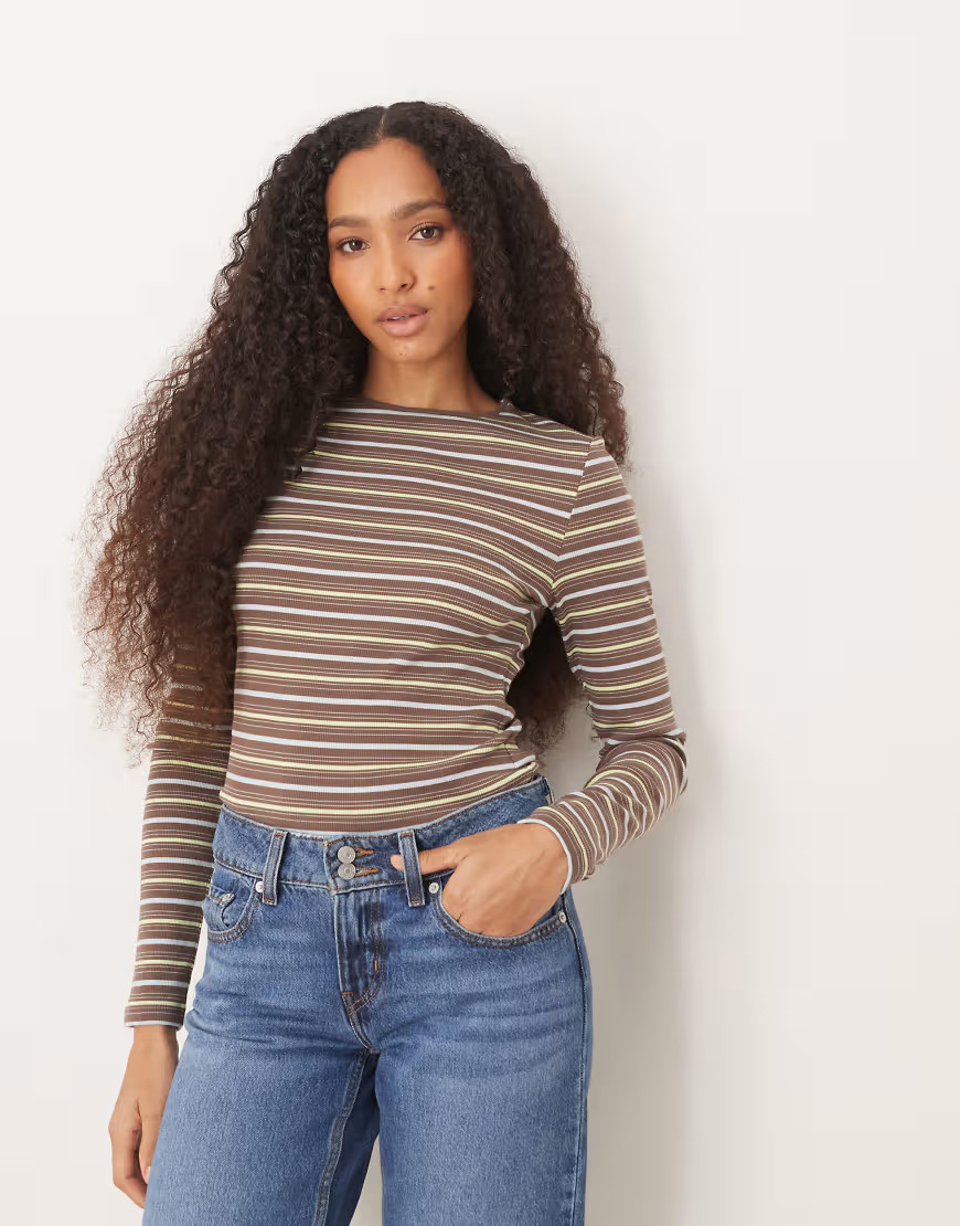 ASOS DESIGN long sleeve ribbed t-shirt in brown stripe | ASOS (Global)