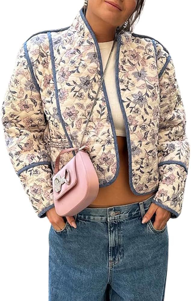 Omoone Women's Cropped Floral Quilted Jacket Cardigan Printed Lightweight Open Front Padded Puffe... | Amazon (US)