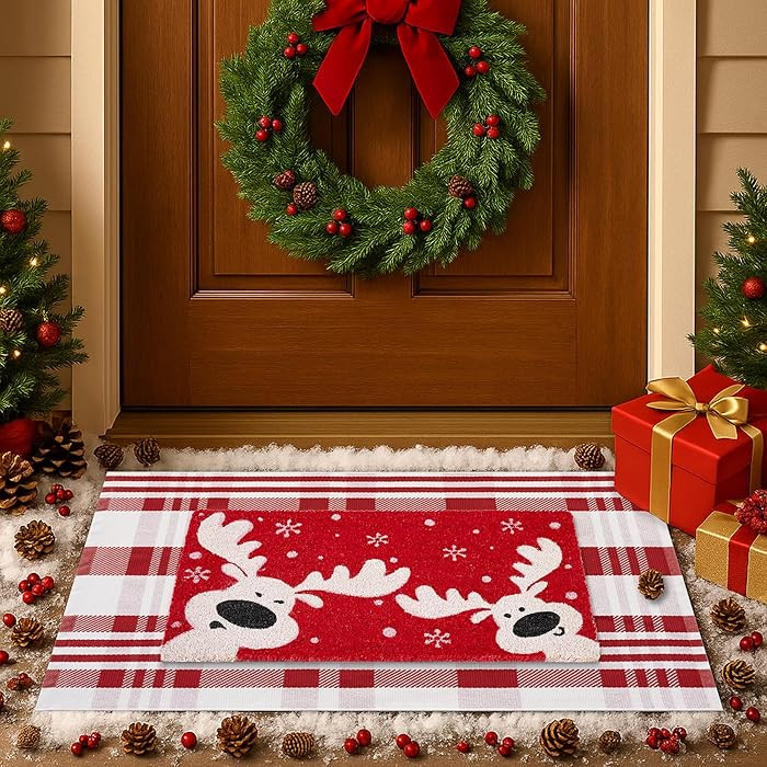 2-Piece Christmas Door Mat Combo Set - Reindeer Coir Doormat 17"x30" + Red & White Plaid Rug 28"x... | Amazon (US)