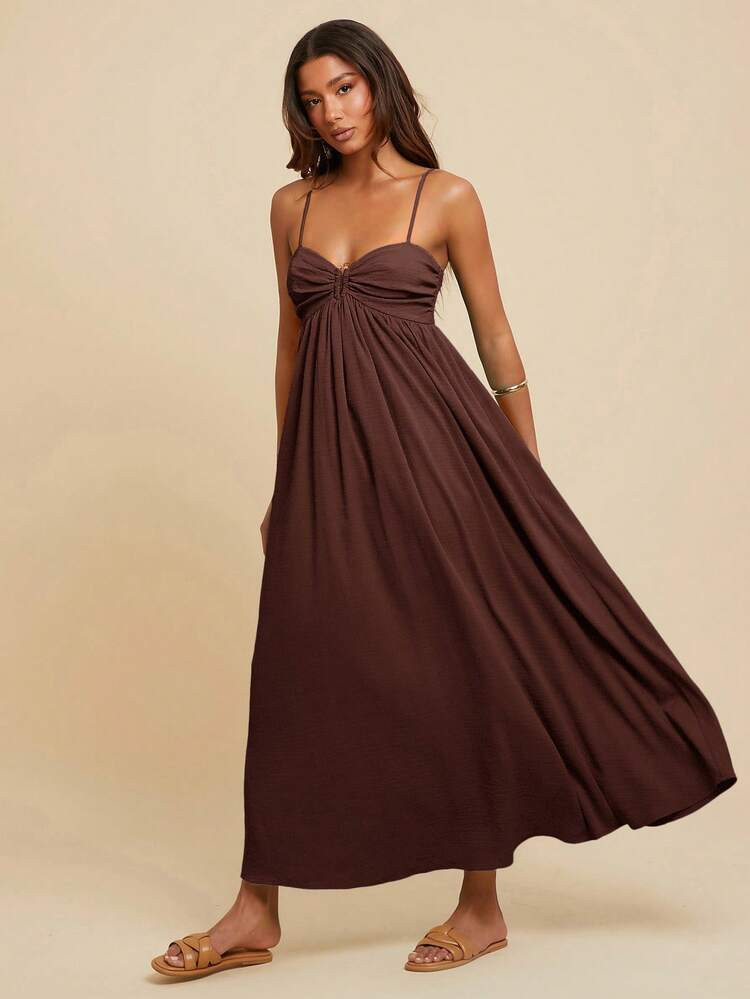 Travachic Women's Pleated Sleeveless Dress, Vacation Style, Beach Outfits For Woman,Women,Concert Outfit Women,Boho,Rave Outfits,Tropical Vacation, Festival, Boho Dresses For Women Tropical Dresses For Women Women Dresses , Old Money Style Women,Casual Woman Style, Chic Autumn,Going Out Outfit, Elegant Graduation Dress , Concert Outfit Women,Wedding Guest,National Day, Long Chocolate Brown Dress | SHEIN