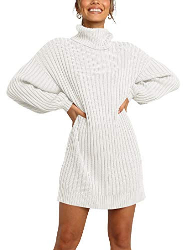 ANRABESS Women Oversized Sweater Dress Turtleneck Batwing Long Sleeve Ribbed Knit Loose 2025 Fall Winter Casual Short Dress White a240bai-M | Amazon (US)