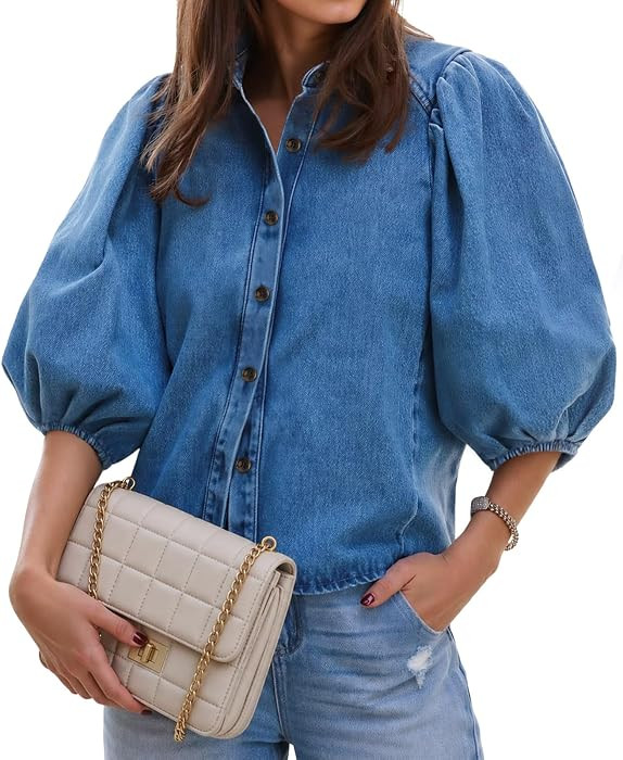 Womens Denim Shirt Puff Short Sleeve Button Down Jean Jackets | Amazon (US)