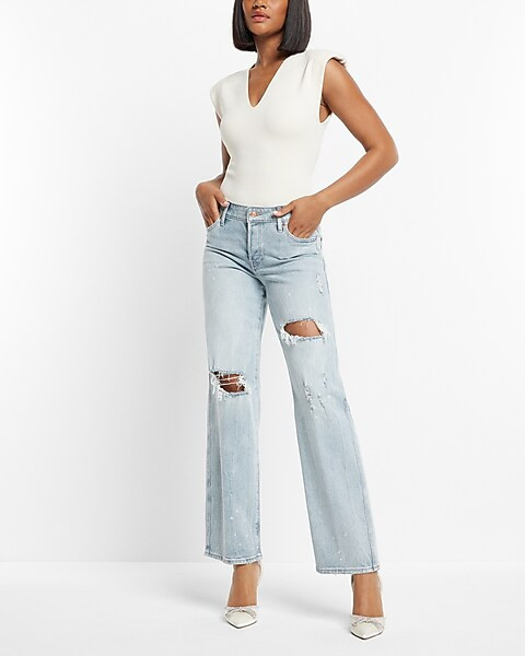 Low Rise Light Wash Ripped Baggy Straight Jeans | Express