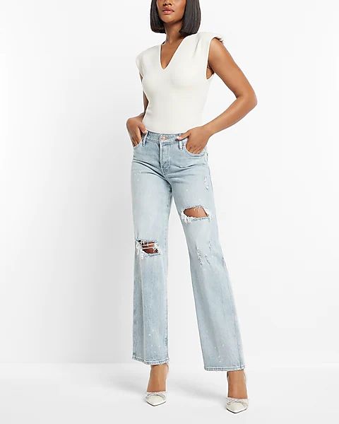 Low Rise Light Wash Ripped Baggy Straight Jeans | Express