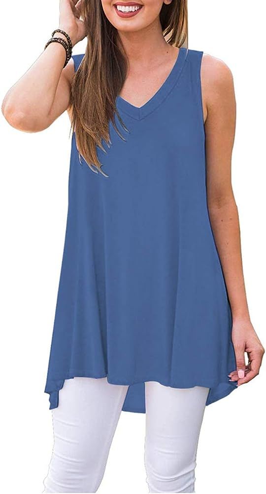 WNEEDU Women's Summer Sleeveless Tunic Casual V-Neck T-Shirt Tank Tops Blouse | Amazon (US)
