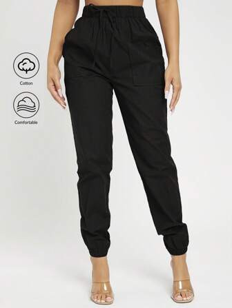 SHEIN PETITE High Waist Knot Detail Jogger Black Pants | SHEIN