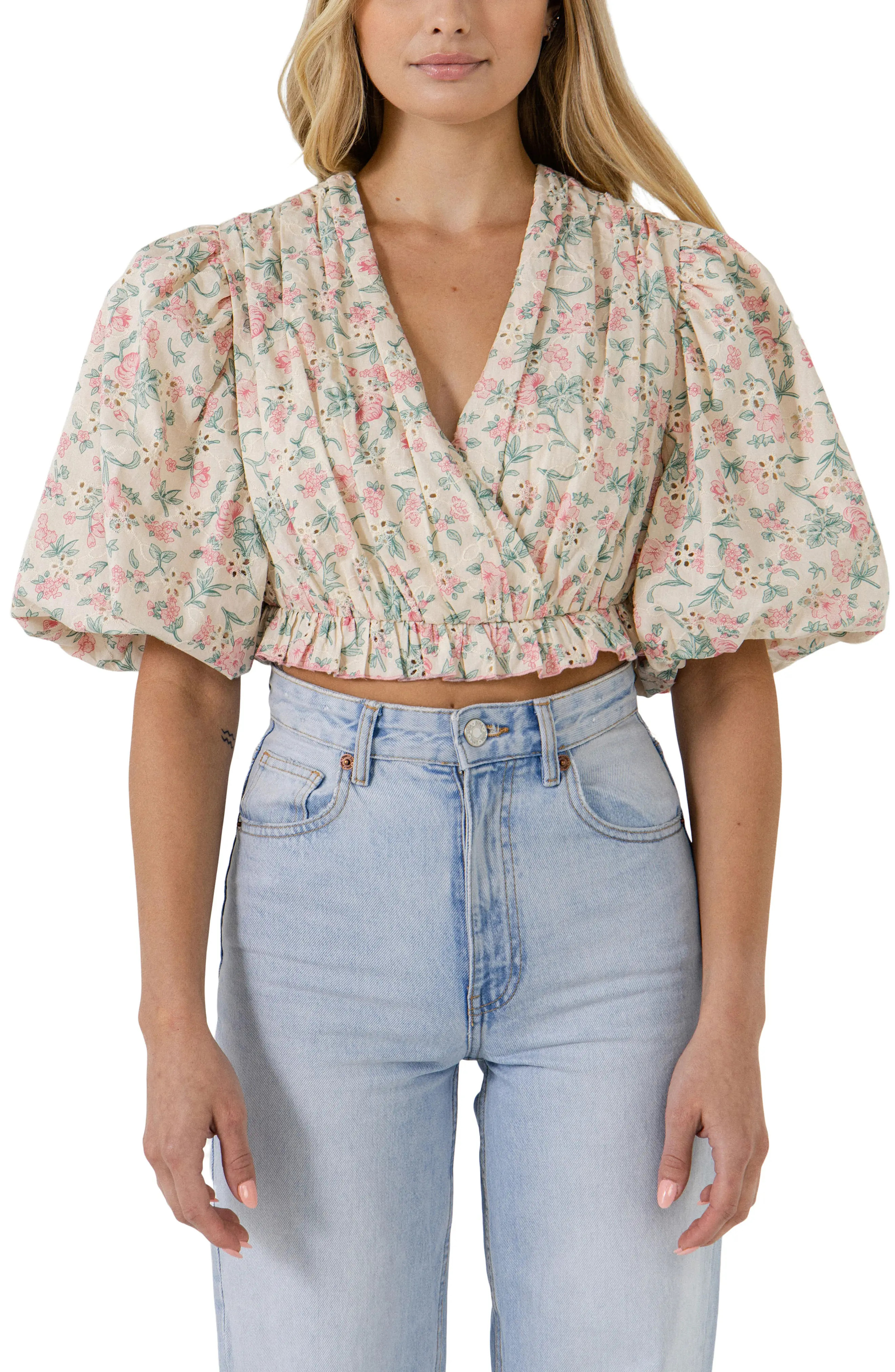 Free the Roses Floral Eyelet Balloon Sleeve Cotton Crop Top in Pink at Nordstrom, Size X-Small | Nordstrom