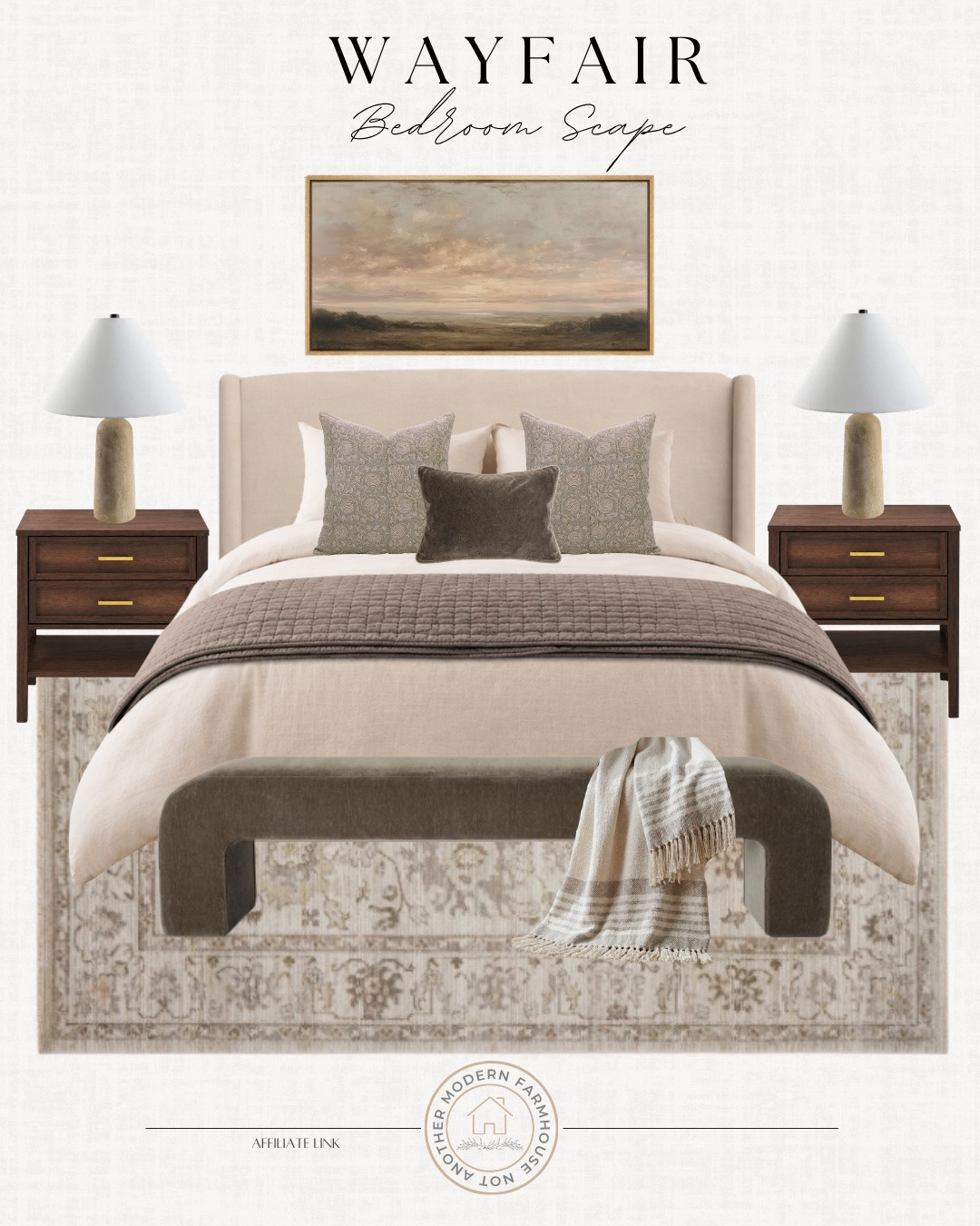 Bedroom scape includes bed frame, nightstand, table lamp, comforter, quilt, throw pillows, bench, area rug, wall art, throw blanket.

Home decor, bedroom decor, bedding, neutral bedding

#LTKvlog #LTKHome #LTKSeasonal