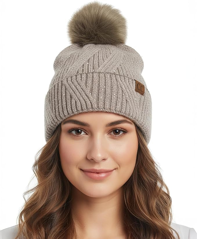 Funky Junque Women's Faux Fur Pom Beanie - Warm Knit Winter Hat - Pattern Styles, Embellished Des... | Amazon (CA)