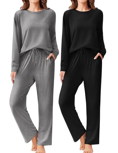 Ekouaer 2 Pack Women Pajama Long Sleeve Sleepwear Soft Loungewear Pjs Sets with Pockets S-XXL | Amazon (US)