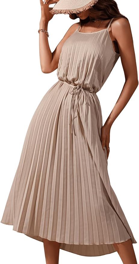 SweatyRocks Women's Solid Casual Sleeveless Dress High Waist Pleated Midi Dress with Belt | Amazon (US)
