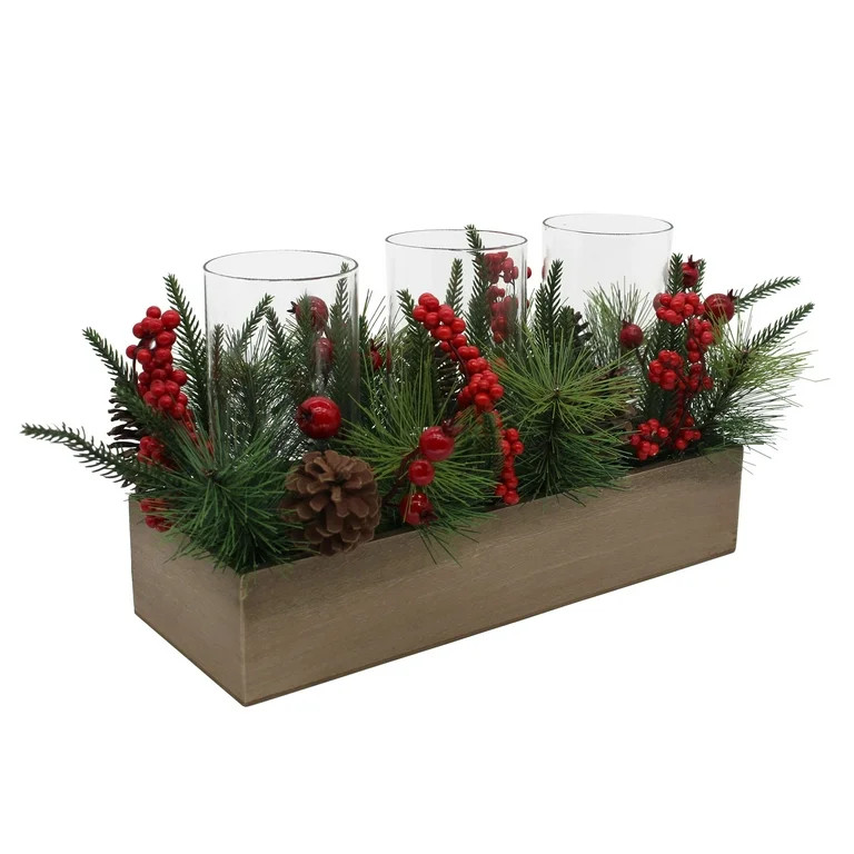Holiday Time 8.5" Multicolor Holiday Clear Glass Hurricane Candleholder Centerpiece with Wood Box | Walmart (US)