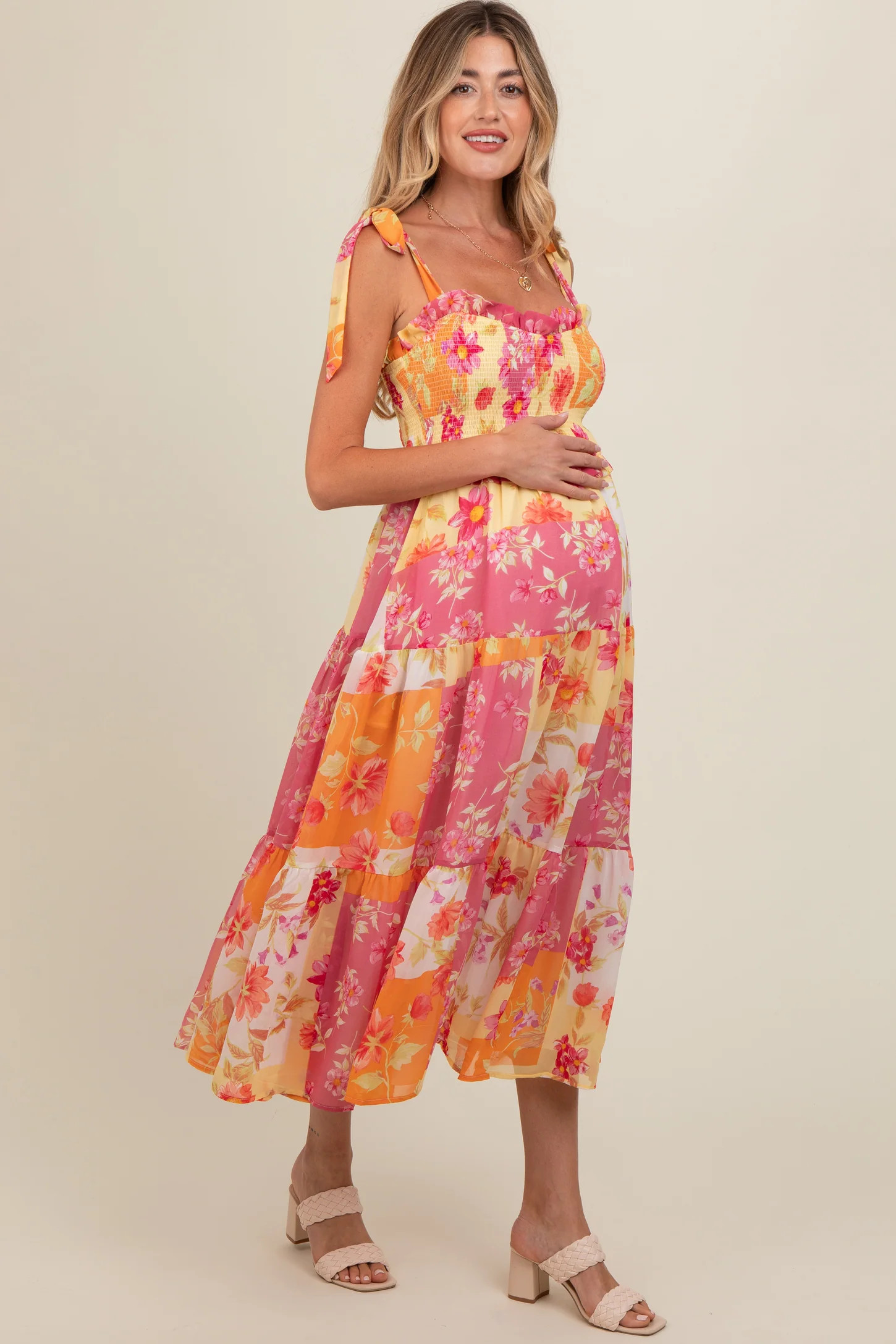 Ivory Floral Smocked Tiered Maternity Midi Dress | PinkBlush Maternity