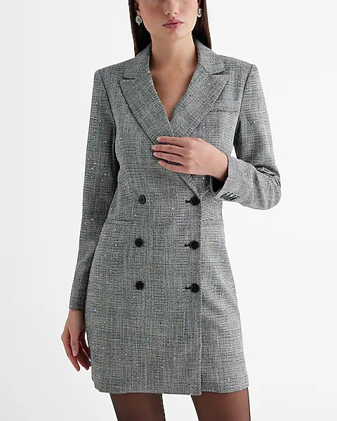 Sequin Plaid Double Breasted Padded Shoulder Mini Blazer Dress | Express