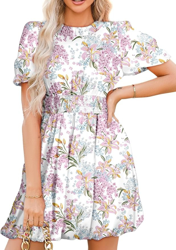 Dokotoo Womens Boho Dresses Crewneck Puff Sleeve Tie Back Smocked Empire Waist Beach Floral Mini ... | Amazon (US)