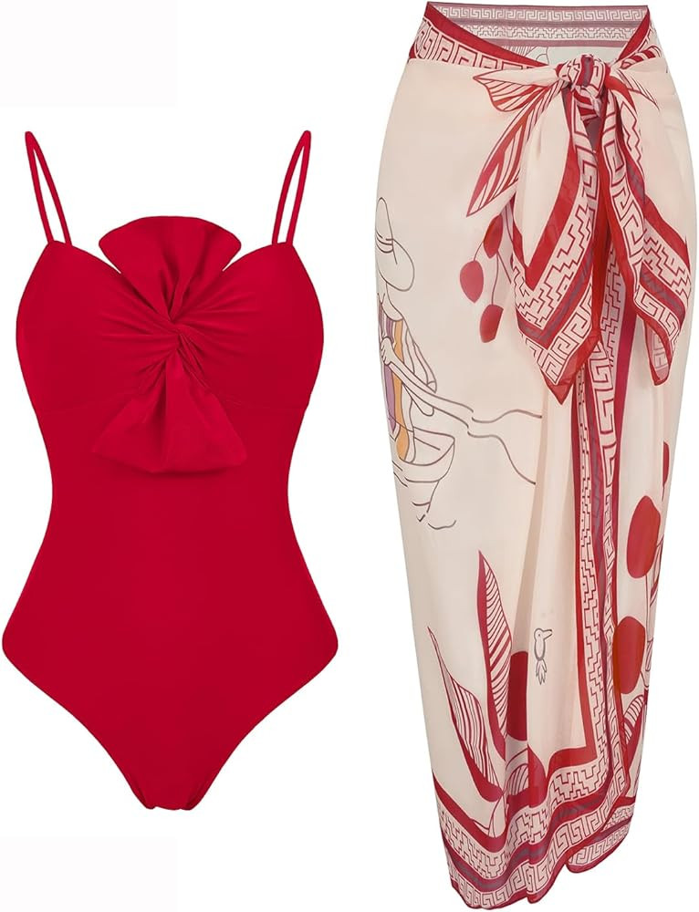 Womens One Piece Swimsuit with Cover Up Sarong Wrap Floral Bathing Suits 1 Piece Swim Suit with B... | Amazon (US)