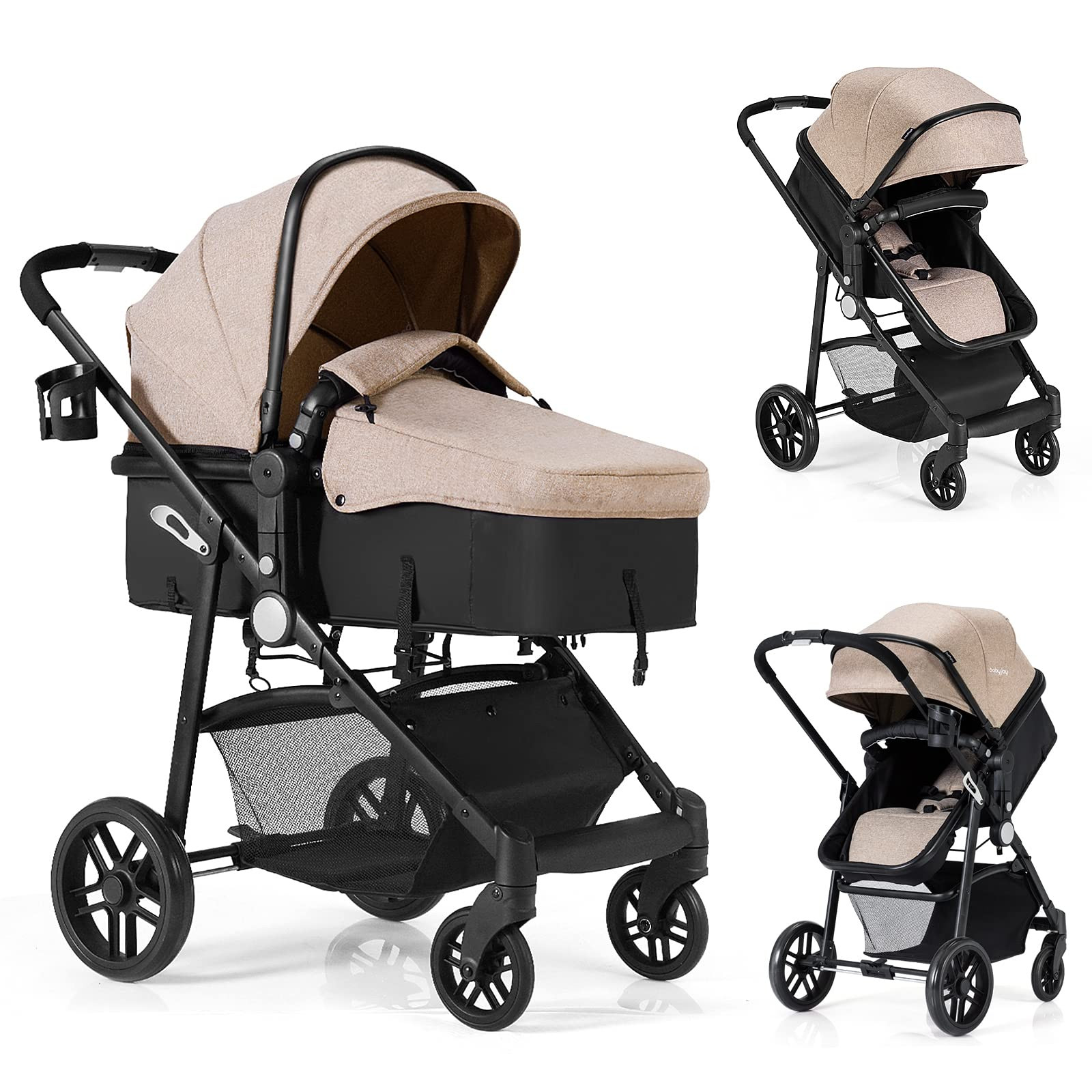 BABY JOY Baby Stroller, 2 in 1 Convertible Carriage Bassinet to Stroller, Pushchair with Foot Cover, Cup Holder, Large Storage Space, Wheels Suspension, 5-Point Harness (Light Coffee) | Amazon (US)