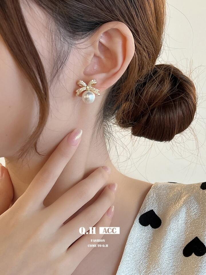 French Vintage Full Rhinestone Bowknot Faux Pearl  Earrings, Unique Design Luxurious Stud Earring... | SHEIN