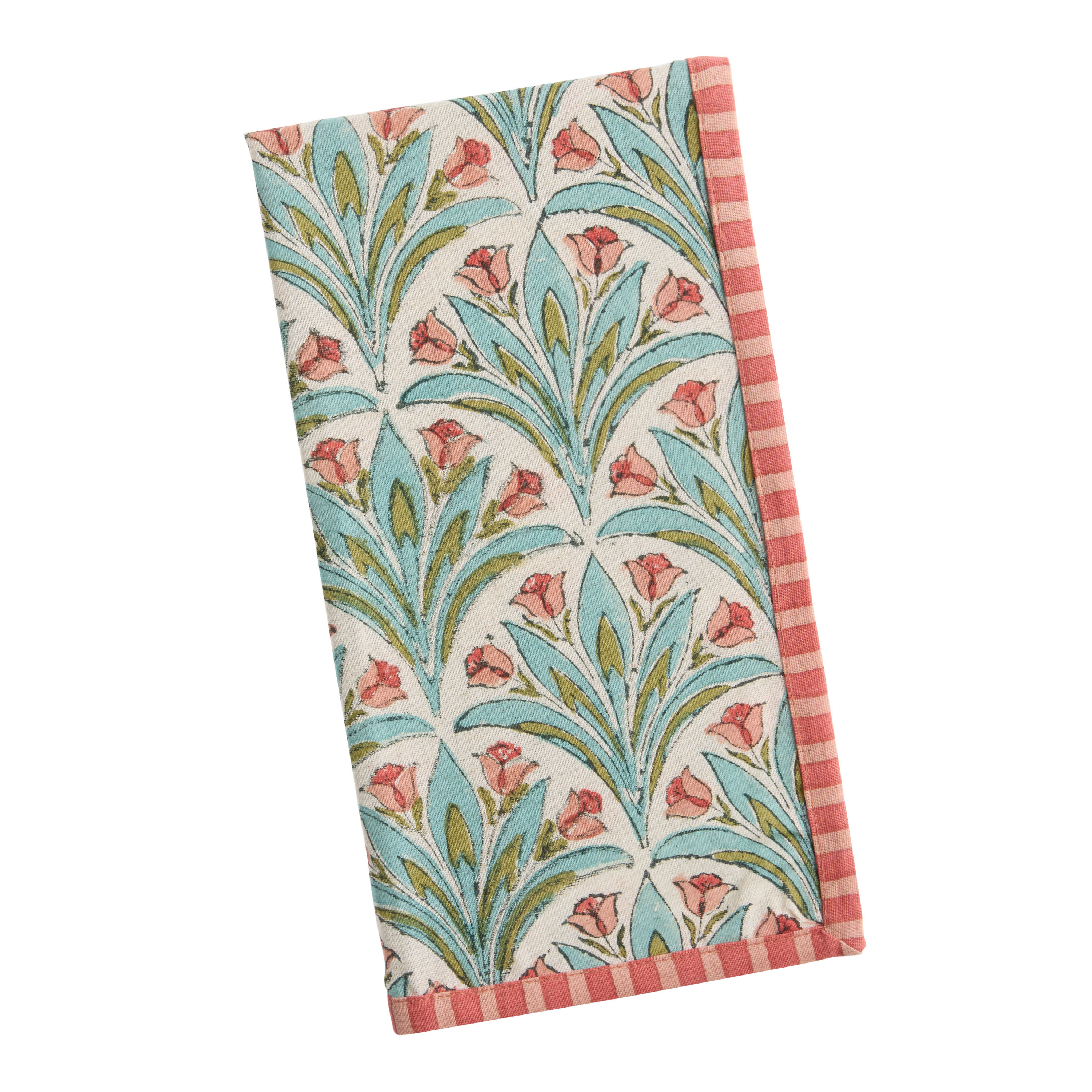 Coral and Green Fanning Floral Stripe Block Print Napkin | World Market