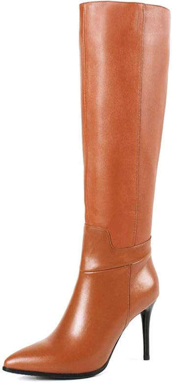 COLETER Women's Leather Knee High Boots Pointy Toe Side-Zip High Heels Dress Boots | Amazon (US)