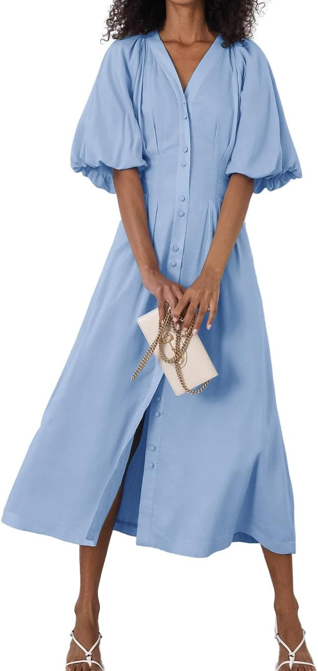 chouyatou Women Summer Puff Sleeve Button Down Shirt Dress Flowy Elegant Business Casual Midi Lon... | Amazon (US)