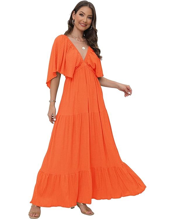 Women's Summer V-Neck, Tiered Silhouette with Flutter Sleeves Maxi Dress for Casual | Amazon (US)