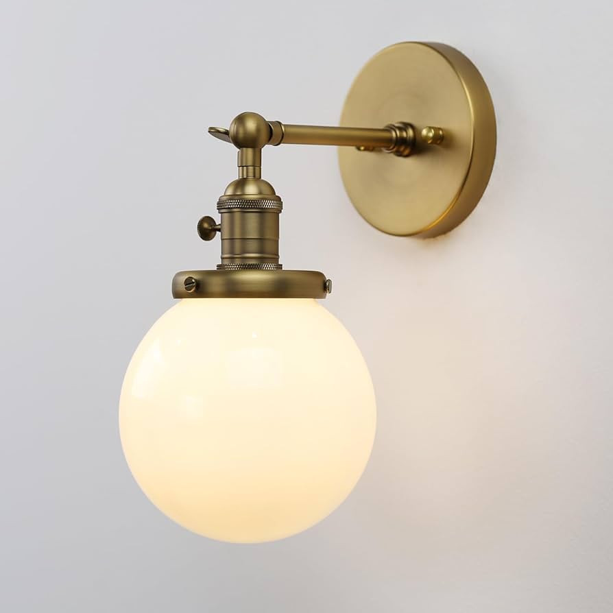 Pathson Industrial Wall Sconce with White Globe, Brass Bathroom Vanity Light with On Off Switch, ... | Amazon (US)