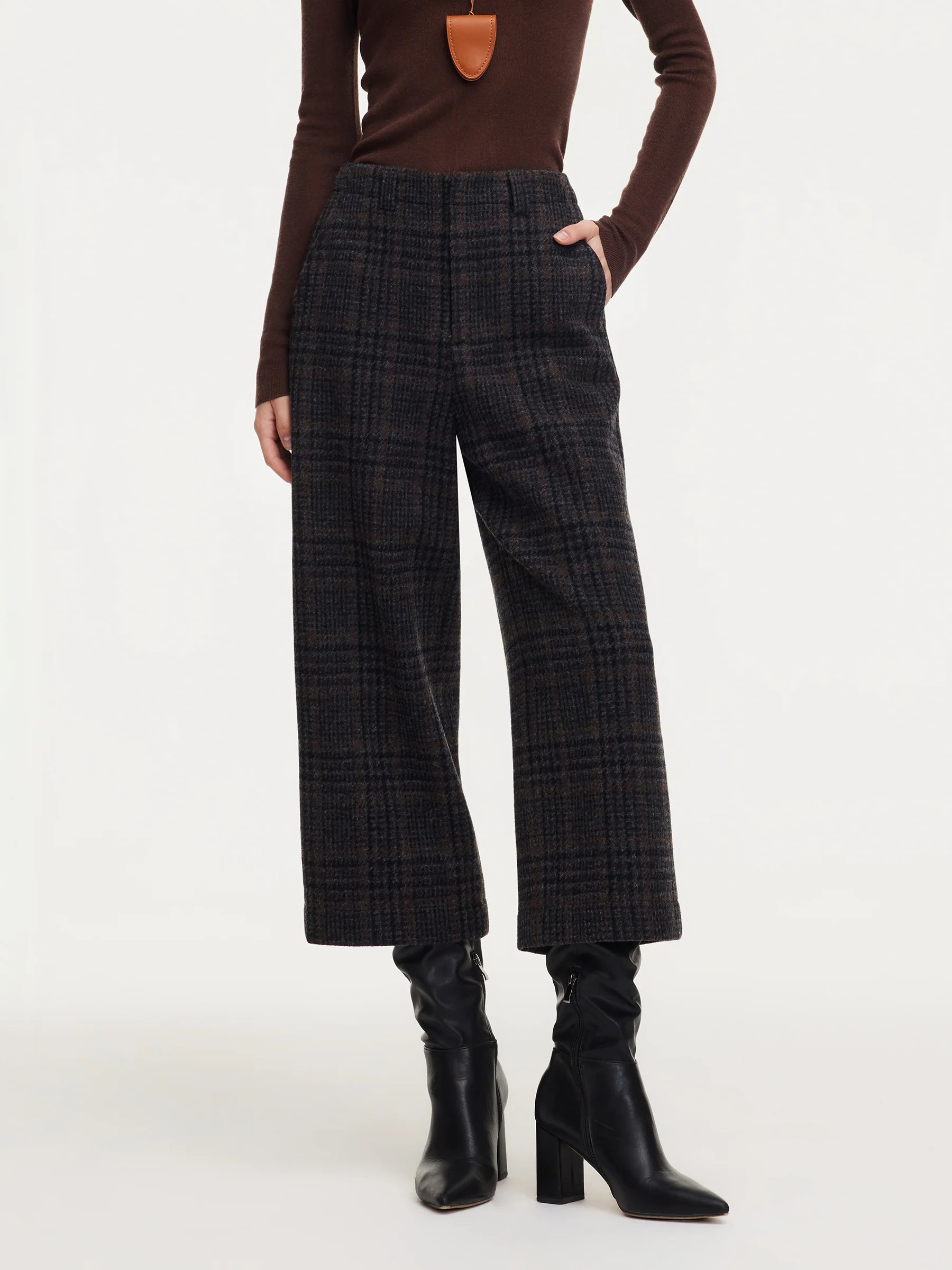 100% Wool Plaid Women Wide Leg Pants | GOELIA
