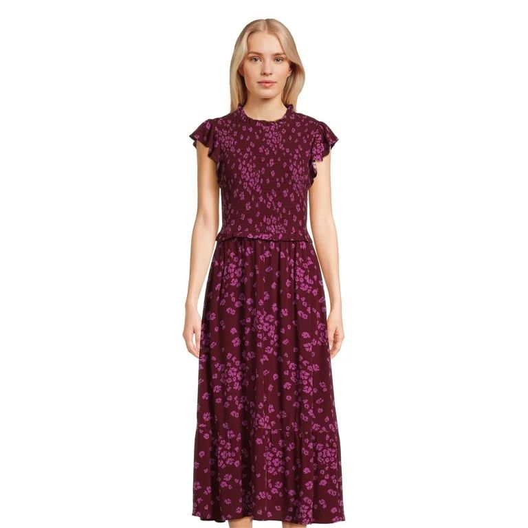 Time and Tru Smocked Bodice Midi Dress with Flutter Sleeves, XS-XXXL - Walmart.com | Walmart (US)