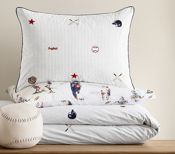 Embroidered Baseball Stripe Duvet Bedding Set | Pottery Barn Kids