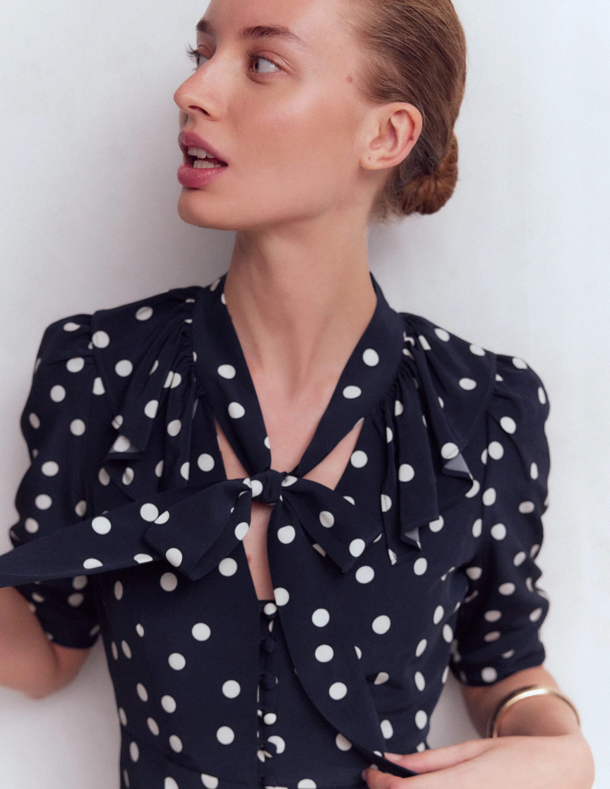 Ruffle Collar Midi Dress-French Navy Painted Spaced Dot | Boden UK