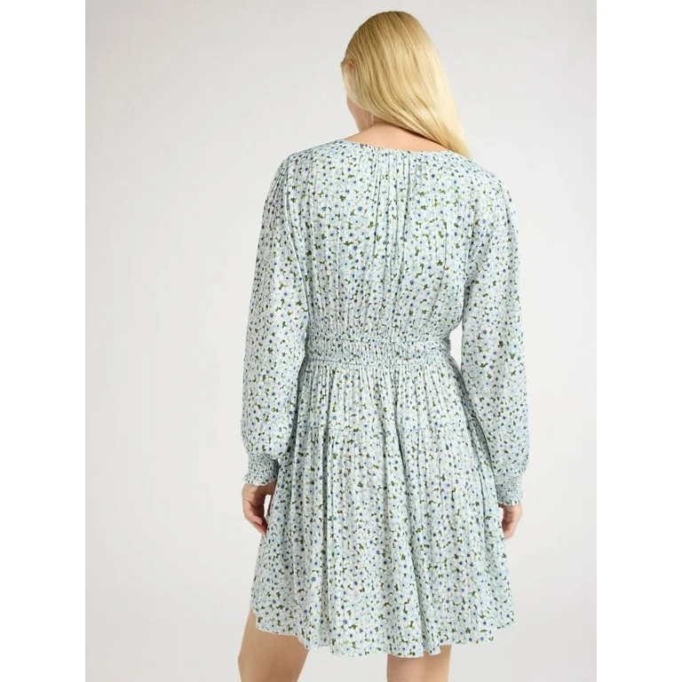 Scoop Women's and Women's Plus Crinkle Satin V-Neck Shirred Mini Dress with Long Sleeves, Sizes X... | Walmart (US)