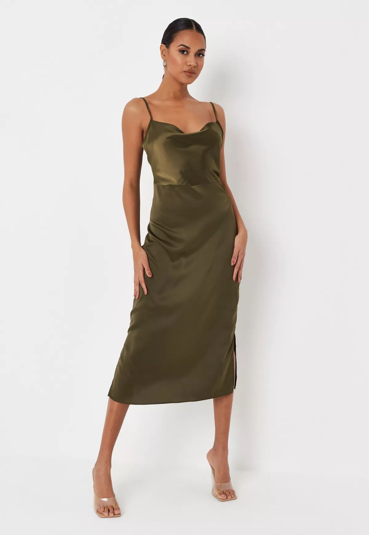 Khaki Satin Cowl Neck Slip Midaxi Dress | Missguided (US & CA)