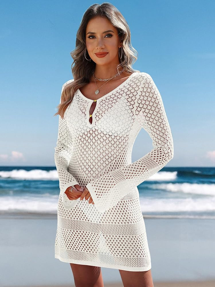 BB&KK Womens Crochet Swimsuit Cover Up Long Bell Sleeve Knot Back Dress Summer Mesh Knit Bathing ... | Amazon (US)