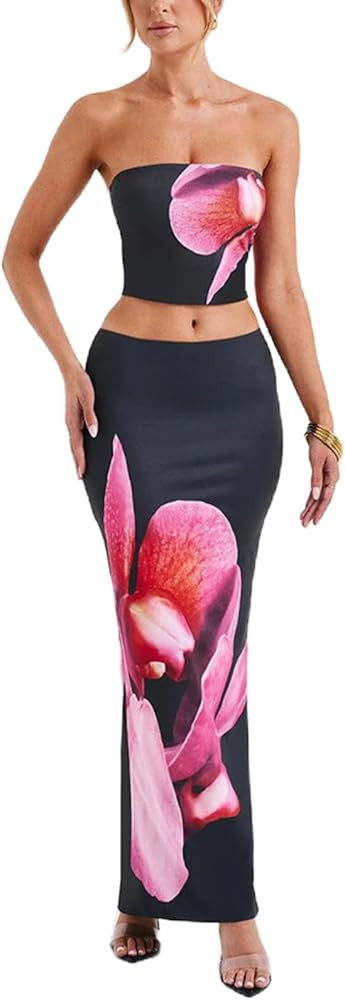 Womens Summer Maxi Skirt Outfits Floral Print Tube Top Maxi Skirts Vacation Going Out Outfits | Amazon (US)