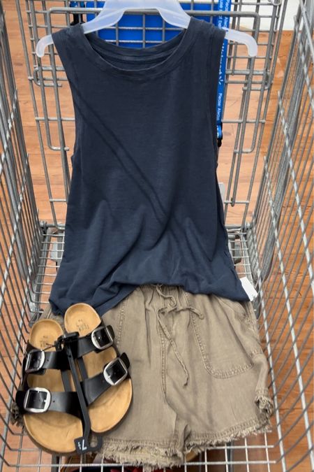 Madewell vibes at Walmart with this tank top and drawstring soft shorts look! I went up a half size in these sandals. Top and shorts fit tts, small. #walmartfashion 

#LTKstyletip #LTKunder50 #LTKunder100