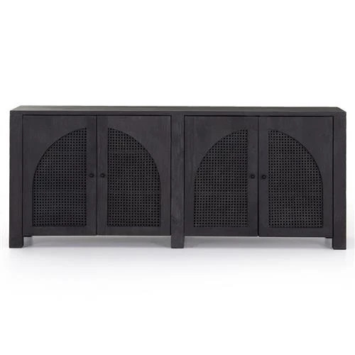 Kashton Mid-Century Black Wash Mango Wood Arched Cane 4 Door Sideboard | Kathy Kuo Home