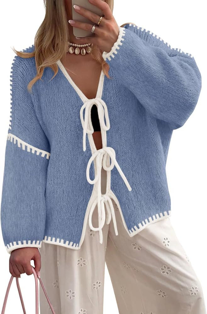 ZESICA Crdigans for Women Trendy 2026 Tie Front Bow Sweaters Casual Long Sleeve Winter Clothing C... | Amazon (US)