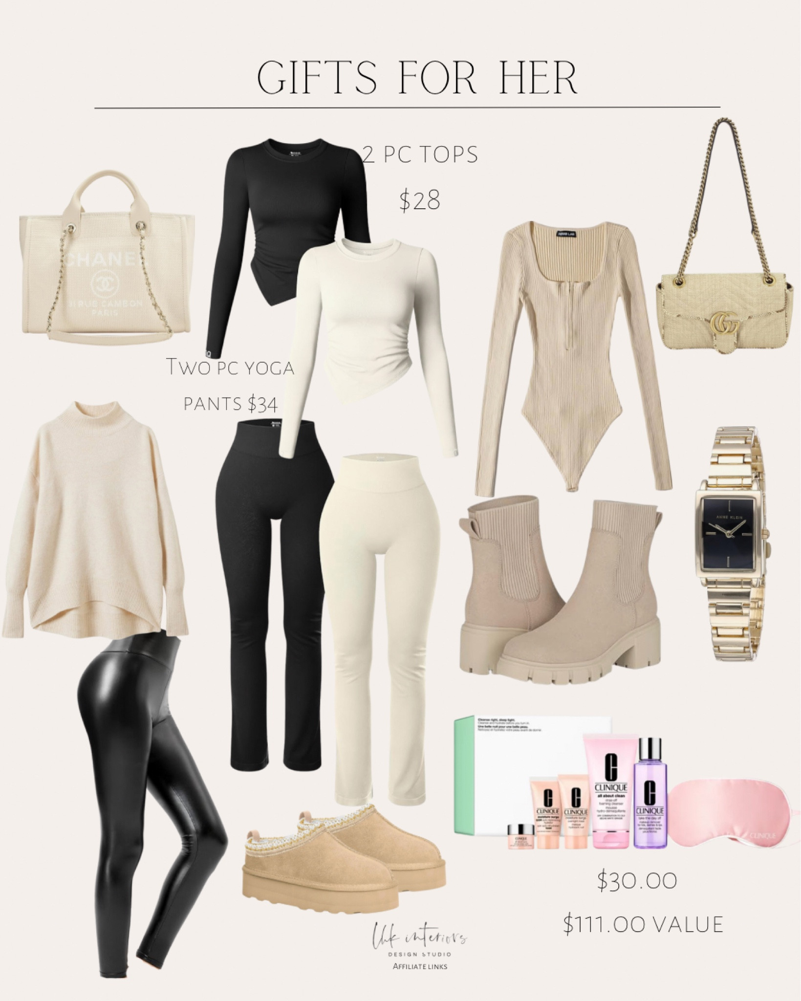 Gifts  For Her 
Women’s 2 pc long sleeve / women’s slippers / merino wool sweater / Anne Klein women’s watch / Clinique set / faux leather leggings / elegant long sleeve / pre-loved beige small shoulder bag / Chelsea platform ankle boots / Chanel pre-loved bag / 2 pc yoga pants 

#LTKGiftGuide #LTKHoliday