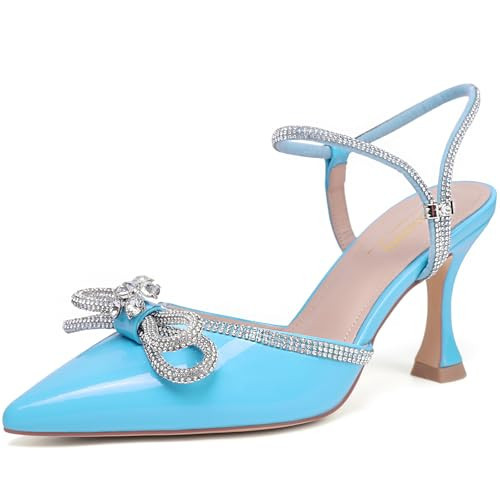 Susanny Blue Rhinestone Heels for Women Bow Heels Evening Party Ankle Strap Closed Toe Pumps Office Kitten Heels Dress Heeled Prom Shoes 9 | Amazon (US)