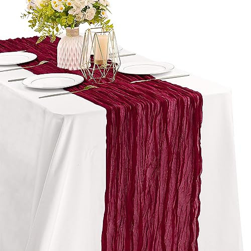 Burgundy Red Valentine's Day 10FT Cheesecloth Table Runner Boho Gauze Fabric Table Runner Rustic Sheer Runner for Wedding Bridal Baby Shower Birthday Party Boho Table Decor（1 Pack Burgundy） | Amazon (US)